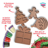 Complete wooden DIY Christmas decorations kit with ornaments, paints, brushes, and a play tray for kids.